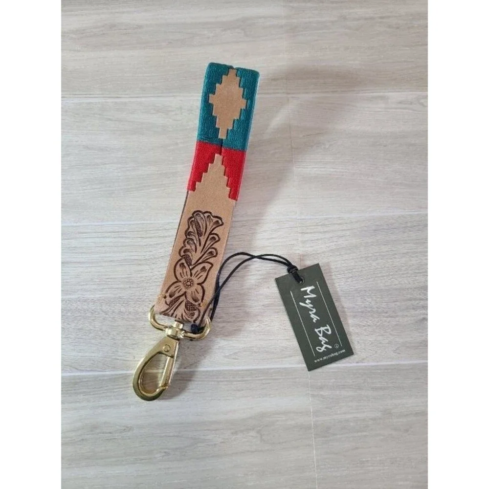 Myra Bag Tooled Leather Key Fob Wristlet Western Aztec Strap Keychain NWT